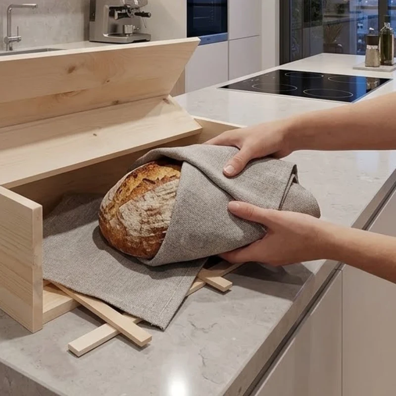 Brotkasten mit Klappe | inkl. Zirbenholz-Gitter & Bäckerleinen | 45 x 16 x 25 cm | 100% Zirbenholz | Echtes Handwerk