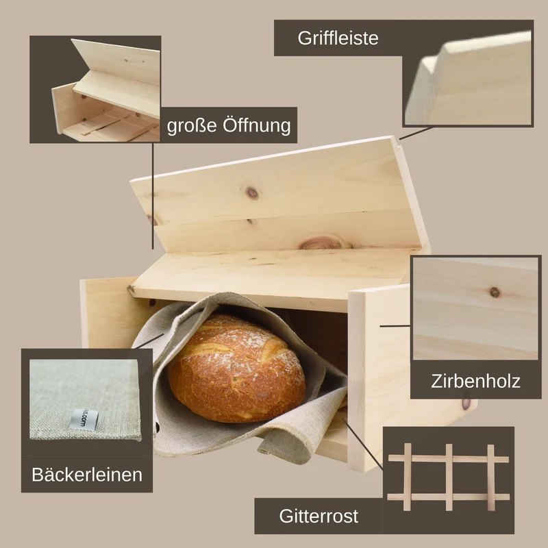 Brotkasten mit Klappe | inkl. Zirbenholz-Gitter & Bäckerleinen | 45 x 16 x 25 cm | 100% Zirbenholz | Echtes Handwerk