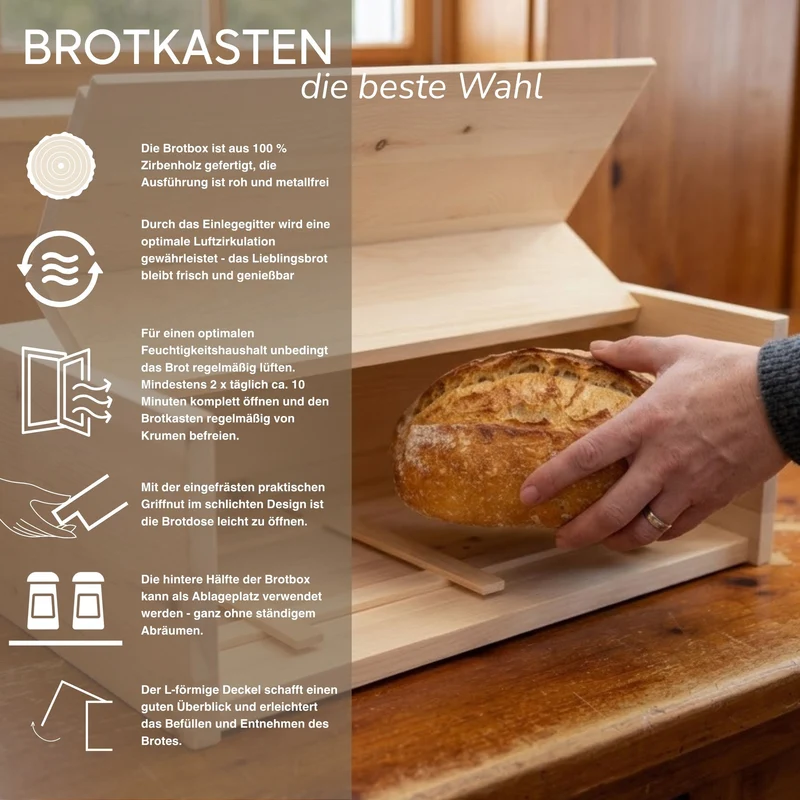 Brotkasten mit Klappe | inkl. Zirbenholz-Gitter und Bienenwachstuch | L 45 x H 16 x B 25 cm | 100% Zirbenholz | Echtes Handwerk