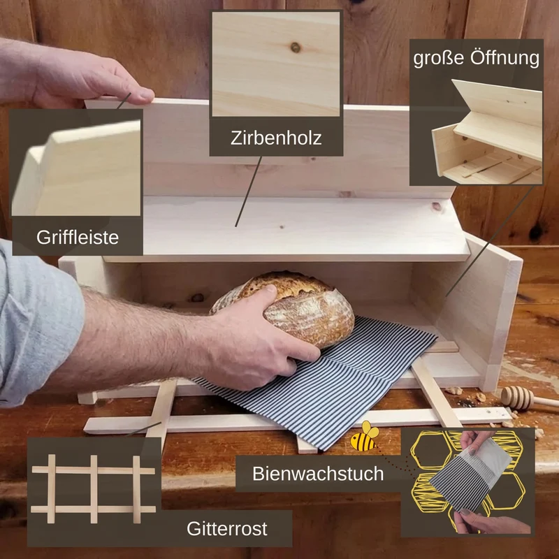 Brotkasten mit Klappe | inkl. Zirbenholz-Gitter und Bienenwachstuch | L 45 x H 16 x B 25 cm | 100% Zirbenholz | Echtes Handwerk