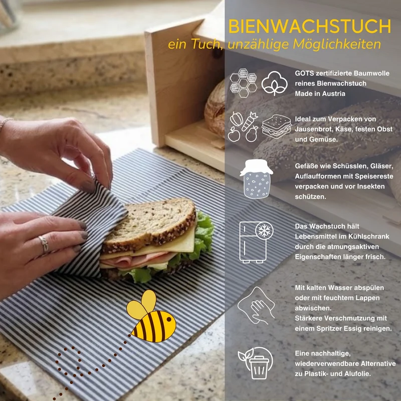 Brotkasten mit Klappe | inkl. Zirbenholz-Gitter und Bienenwachstuch | L 45 x H 16 x B 25 cm | 100% Zirbenholz | Echtes Handwerk