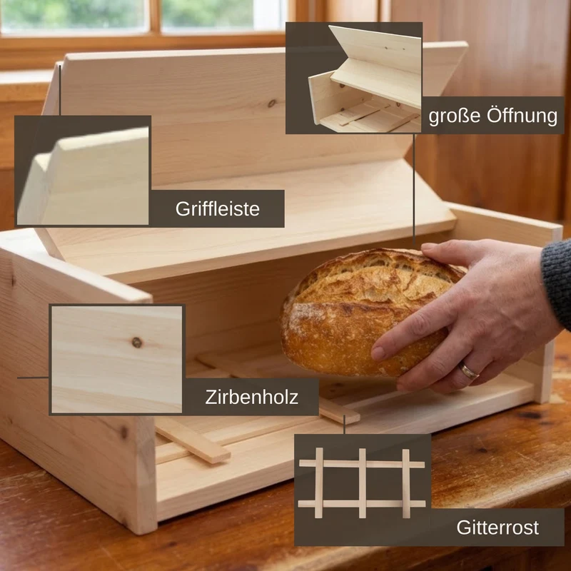 Brotkasten mit Klappe | inkl. Zirbenholz-Gitter | L 45 x B 16 x H 25 cm | 100% Zirbenholz | Echtes Handwerk