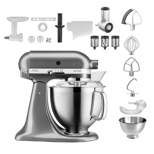 KitchenAid 4,8 L 5KSM185 Artisan Küchenmaschine Profiset Fleischwolf+Spritzgebäck+Gemüseschneider+Pürie