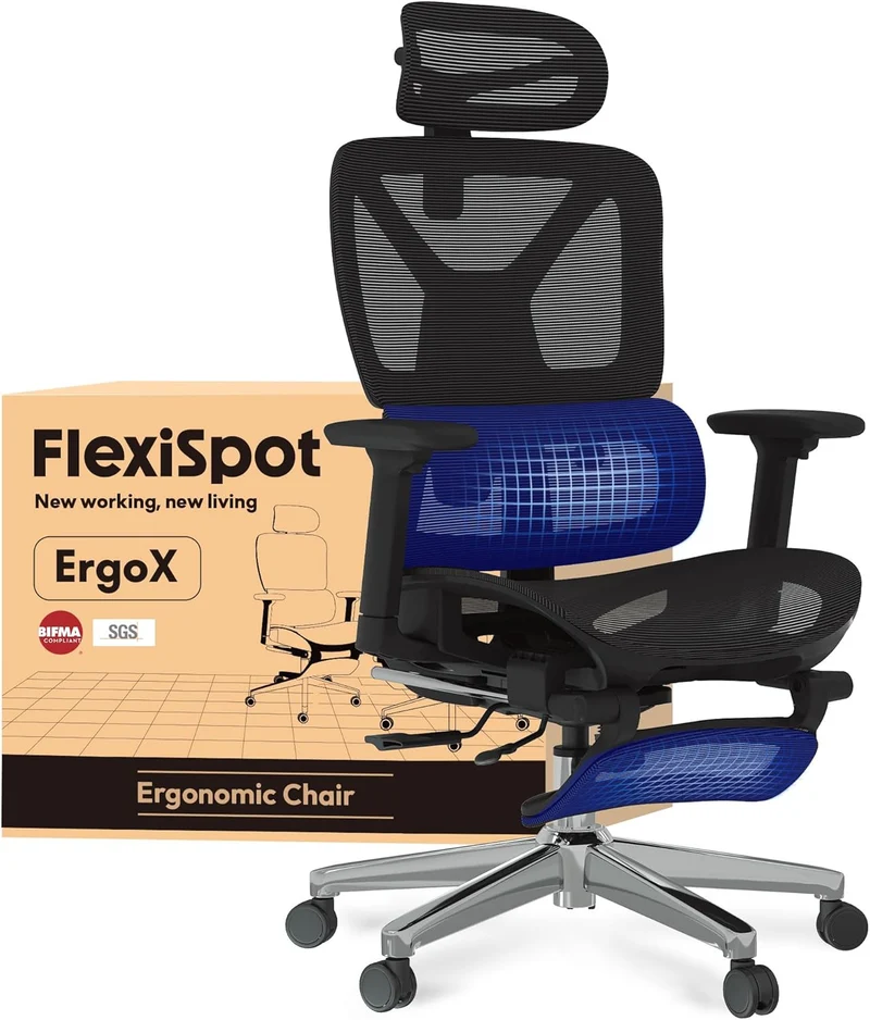 FLEXISPOT ErgoX Ergonomischer Bürostuhl mit Fußstütze – 5D-Rückenlehne, 3D-Armlehnen, Atmungsaktivh