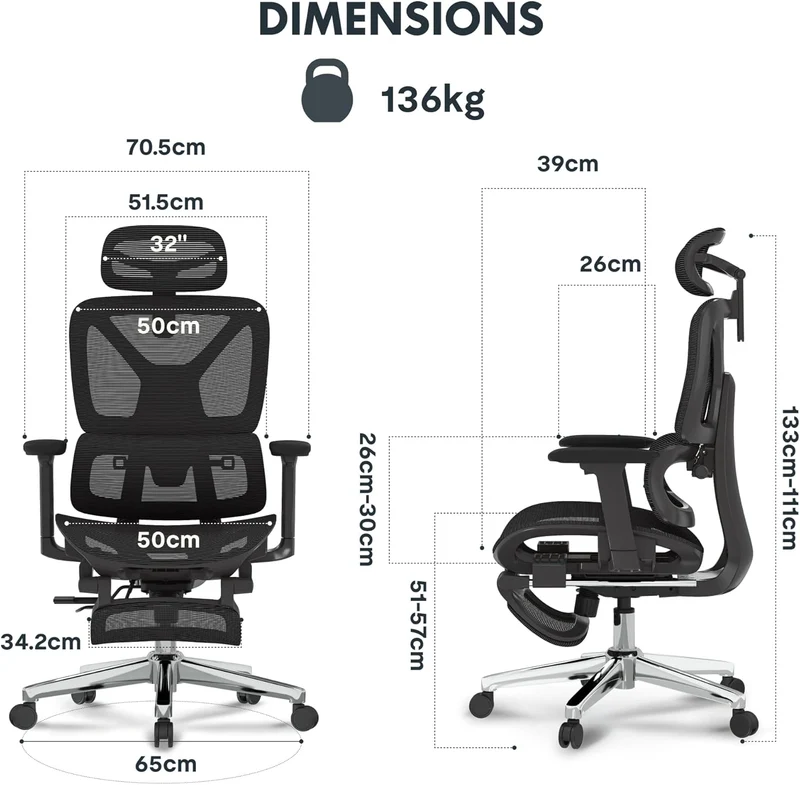 FLEXISPOT ErgoX Ergonomischer Bürostuhl mit Fußstütze – 5D-Rückenlehne, 3D-Armlehnen, Atmungsaktivh