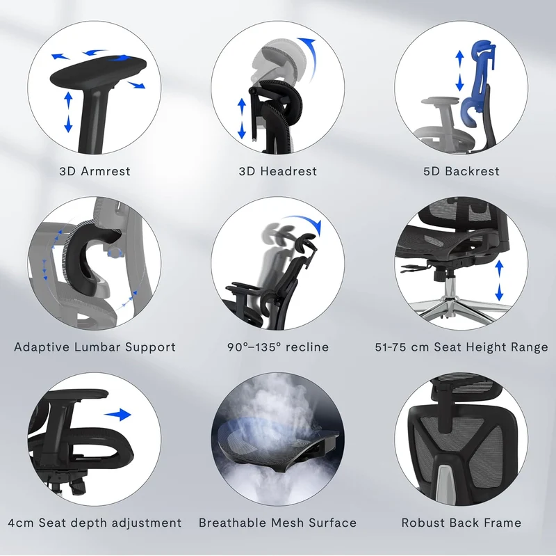 FLEXISPOT ErgoX Ergonomischer Bürostuhl mit Fußstütze – 5D-Rückenlehne, 3D-Armlehnen, Atmungsaktivh
