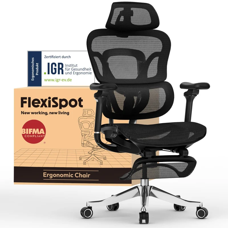FLEXISPOT ErgoX Ergonomischer Bürostuhl mit Fußstütze – 5D-Rückenlehne, 3D-Armlehnen, Atmungsaktivh