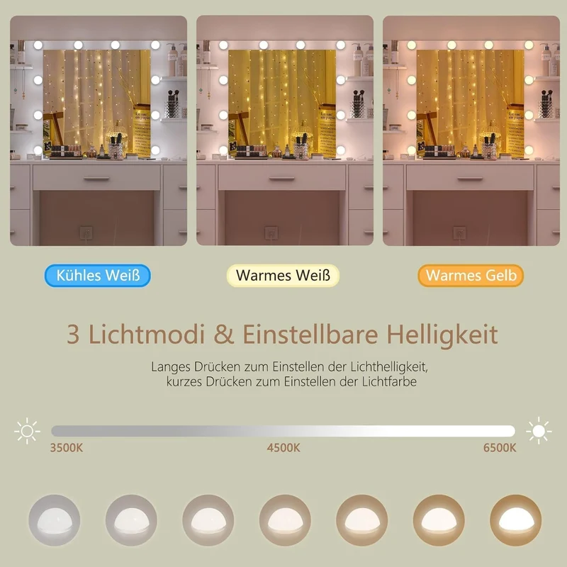 TEENFON Schminktisch mit LED Spiegel & Steckdosen, 7 Schubladen, Weißh