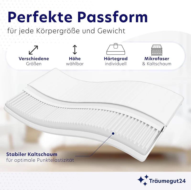 Träumegut24 AquaFlex 7-Zonen Kaltschaummatratze | Ergonomisch, Hypoallergen, Abnehmbarer Bezug, Oeko-TEX®h