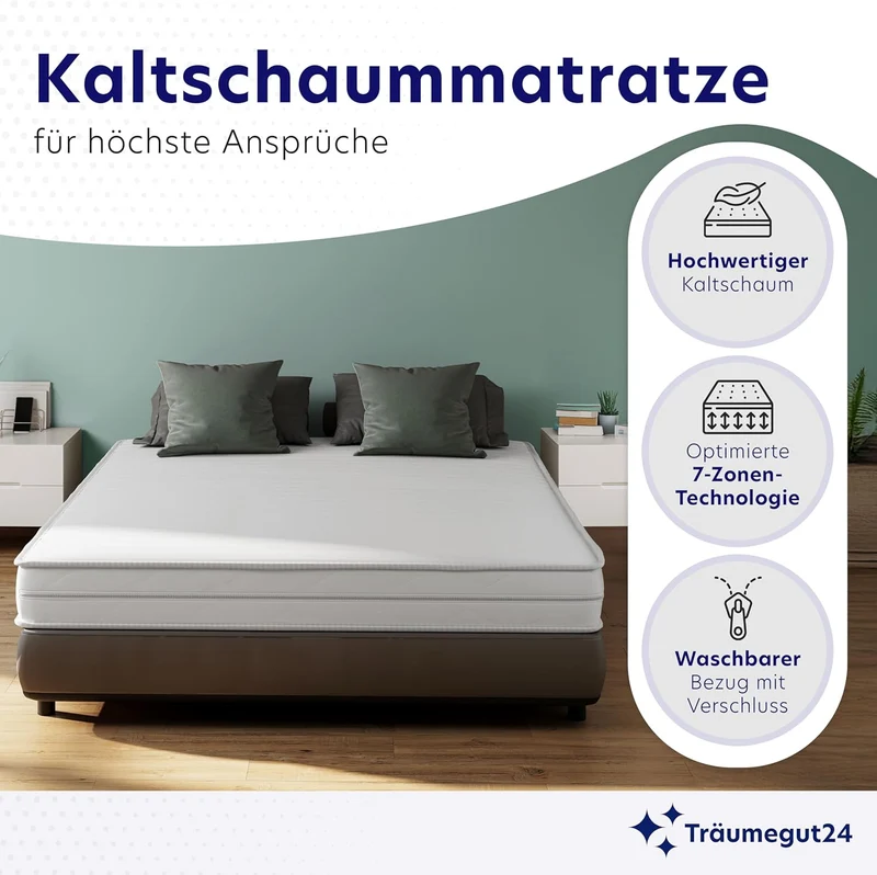 Träumegut24 AquaFlex 7-Zonen Kaltschaummatratze | Ergonomisch, Hypoallergen, Abnehmbarer Bezug, Oeko-TEX®h