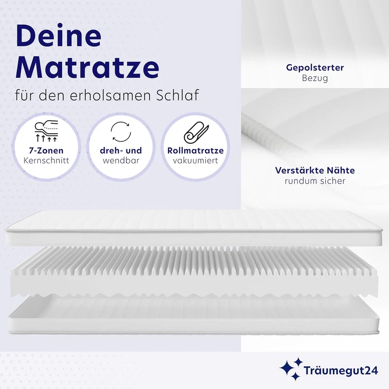 Träumegut24 AquaFlex 7-Zonen Kaltschaummatratze | Ergonomisch, Hypoallergen, Abnehmbarer Bezug, Oeko-TEX®h