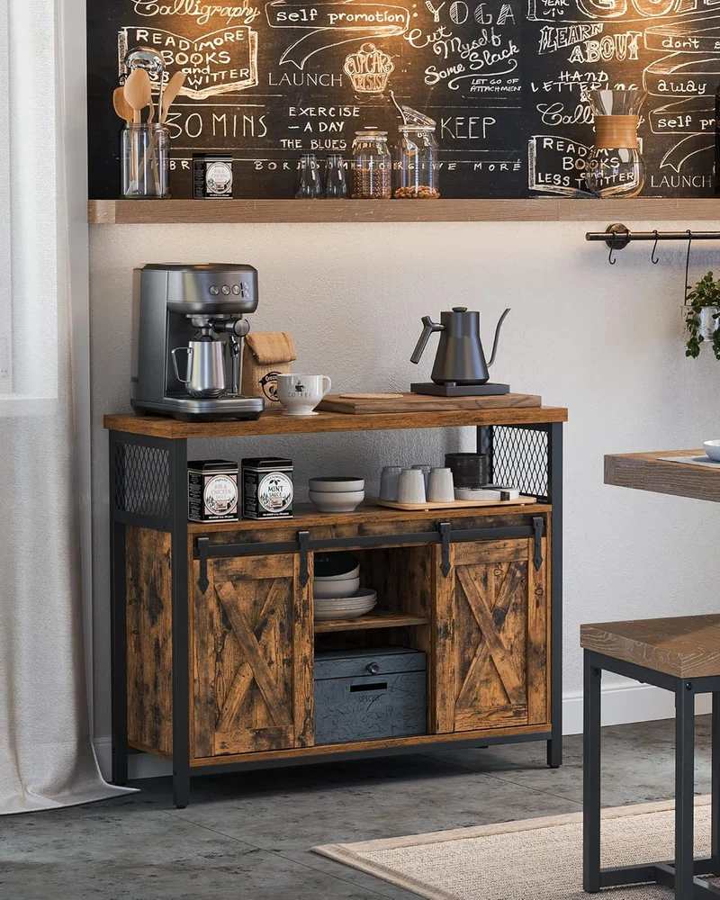 VASAGLE Sideboard mit Schiebetüren, Küchenschrank Landhausstil, Vintagebraun 100 cmh