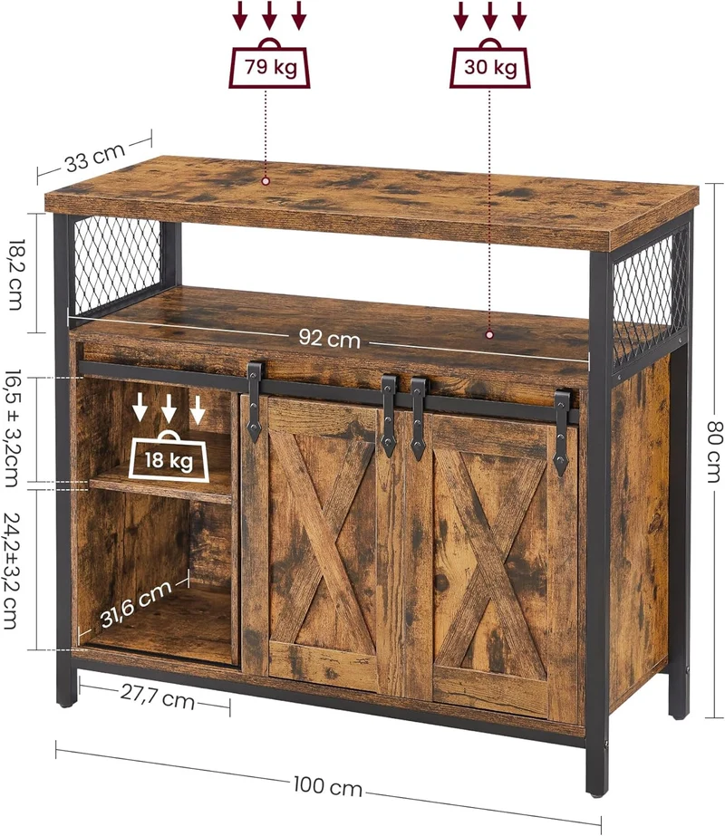 VASAGLE Sideboard mit Schiebetüren, Küchenschrank Landhausstil, Vintagebraun 100 cmh