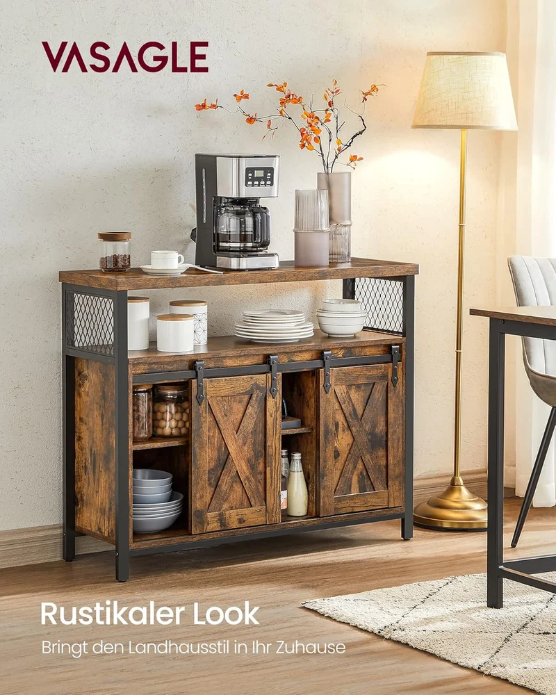VASAGLE Sideboard mit Schiebetüren, Küchenschrank Landhausstil, Vintagebraun 100 cmh