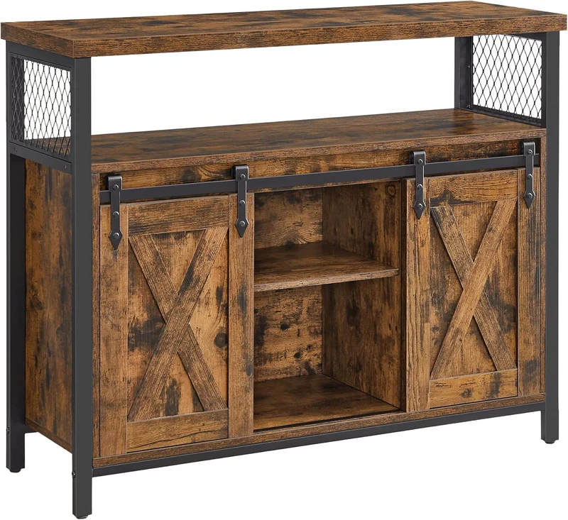 VASAGLE Sideboard mit Schiebetüren, Küchenschrank Landhausstil, Vintagebraun 100 cmh