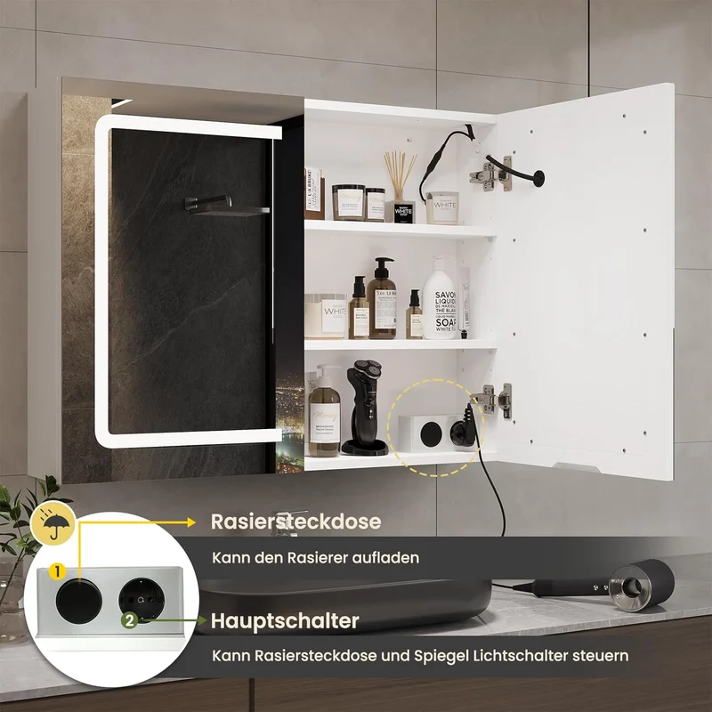 DICTAC LED Spiegelschrank Bad mit Steckdose und Touch-Sensorh