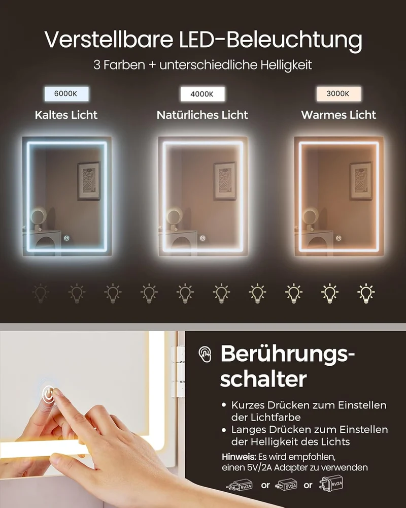 VASAGLE Kailyn Schminktisch mit LED-Spiegel, Hocker, Schubladen, Weißh