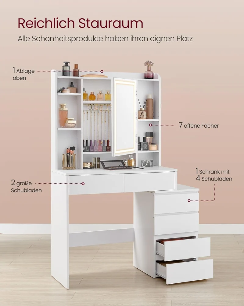 VASAGLE Kailyn Schminktisch mit LED-Spiegel, Hocker, Schubladen, Weißh