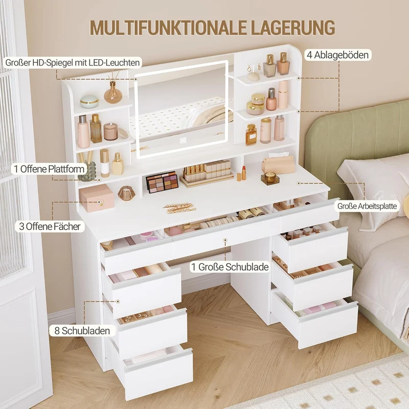 Hzuaneri Schminktisch mit LED Spiegel, 9 Schubladen, Weiß-Silberh
