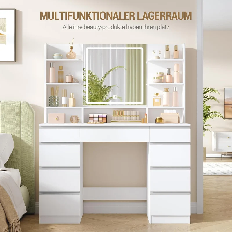 Hzuaneri Schminktisch mit LED Spiegel, 9 Schubladen, Weiß-Silberh
