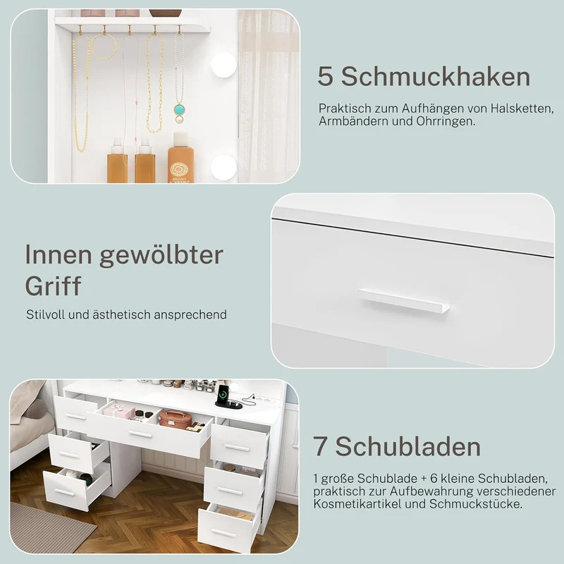TEENFON Schminktisch mit LED Spiegel und Steckdosen, Weiß, 7 Schubladenh