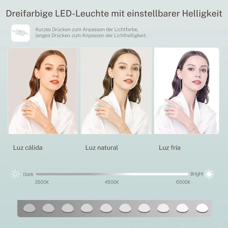 TEENFON Schminktisch mit LED Spiegel und Steckdosen, Weiß, 7 Schubladenh