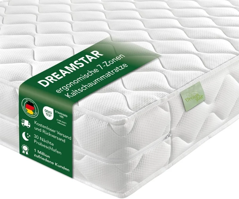 DREAMSTAR Ergo Flex Duo 7-Zonen Kaltschaummatratze, Ergonomisch, Hypoallergen, Abnehmbarer Bezugh