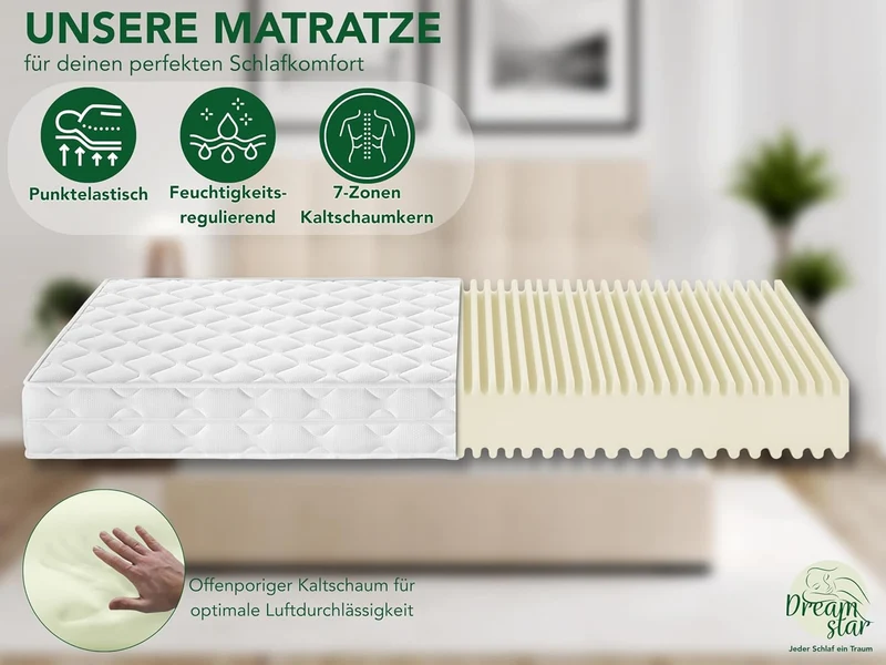DREAMSTAR Ergo Flex Duo 7-Zonen Kaltschaummatratze, Ergonomisch, Hypoallergen, Abnehmbarer Bezugh