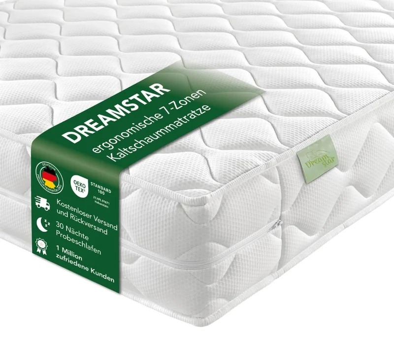DREAMSTAR Ergo Flex Duo 7-Zonen Kaltschaummatratze, Ergonomisch, Hypoallergen, Abnehmbarer Bezugh
