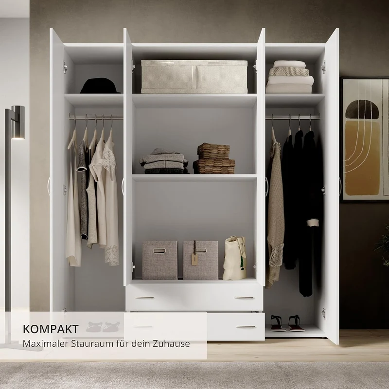Stella Trading Kleiderschrank mit Drehtüren – Holzschrank für Schlafzimmer, zeitloses Designh