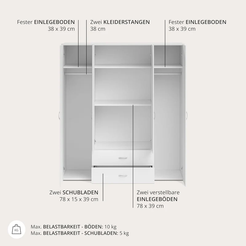 Stella Trading Kleiderschrank mit Drehtüren – Holzschrank für Schlafzimmer, zeitloses Designh