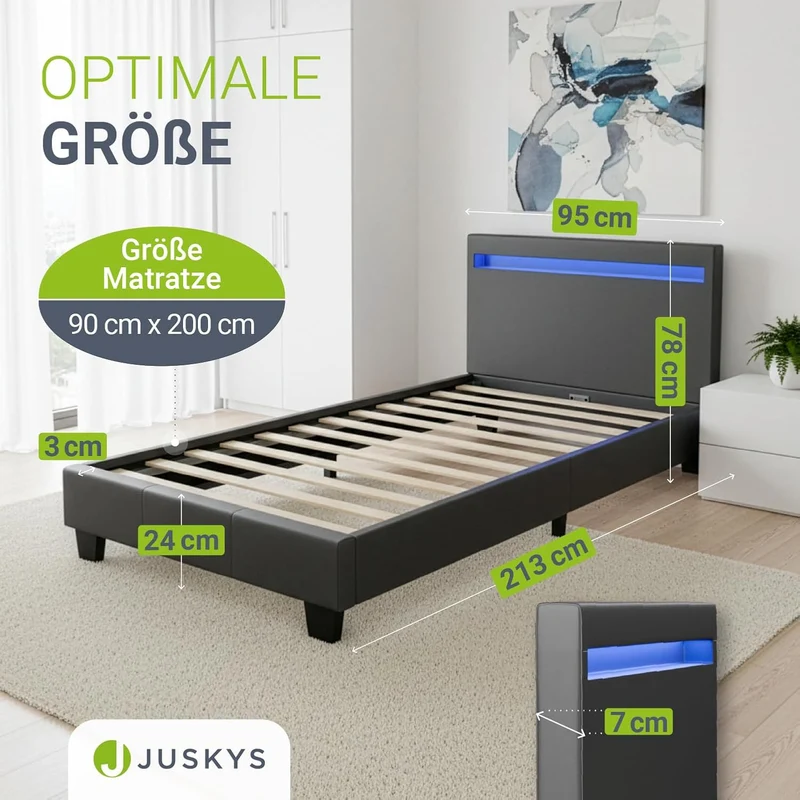 Juskys Polsterbett Paris mit LED-Beleuchtung, Holzgestell & Lattenrost, Modernes Schlafzimmerbetth