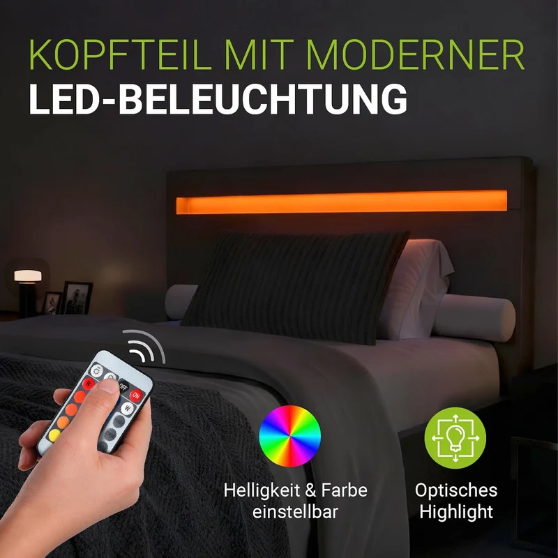 Juskys Polsterbett Paris mit LED-Beleuchtung, Holzgestell & Lattenrost, Modernes Schlafzimmerbetth