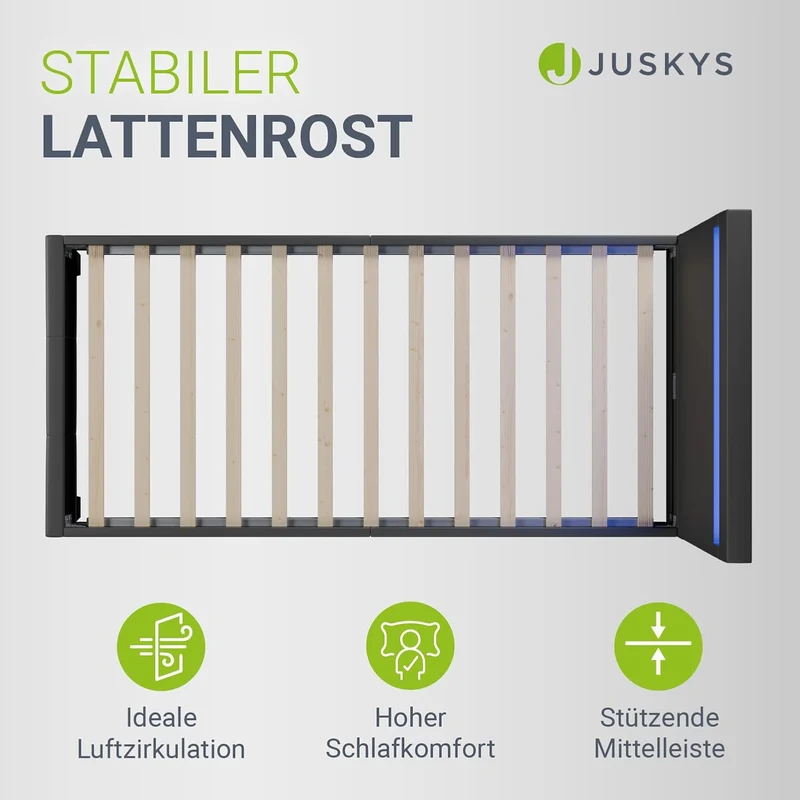 Juskys Polsterbett Paris mit LED-Beleuchtung, Holzgestell & Lattenrost, Modernes Schlafzimmerbetth