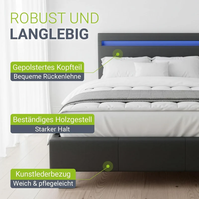 Juskys Polsterbett Paris mit LED-Beleuchtung, Holzgestell & Lattenrost, Modernes Schlafzimmerbetth