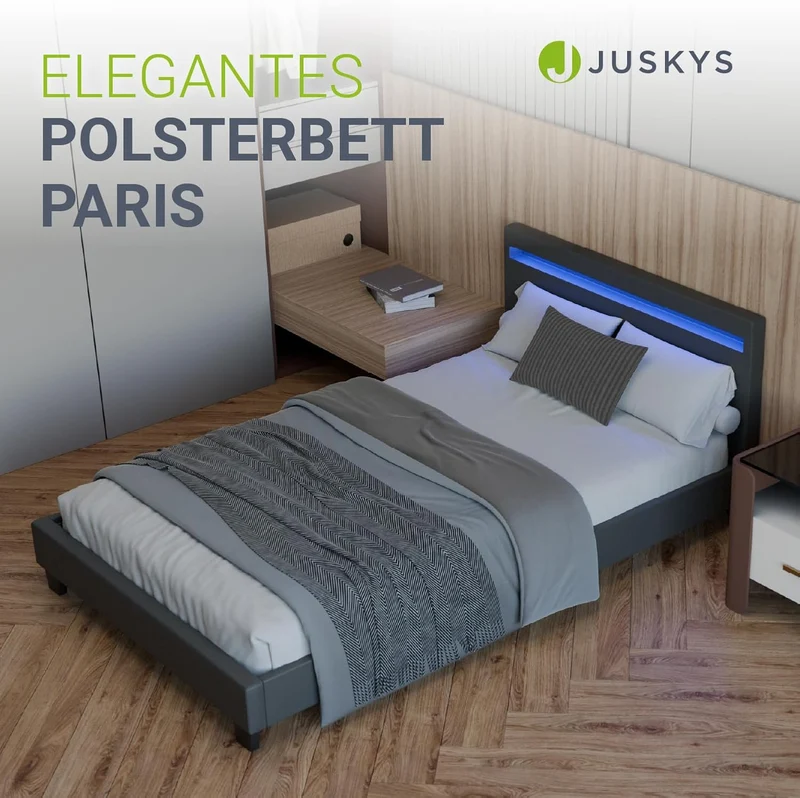 Juskys Polsterbett Paris mit LED-Beleuchtung, Holzgestell & Lattenrost, Modernes Schlafzimmerbetth