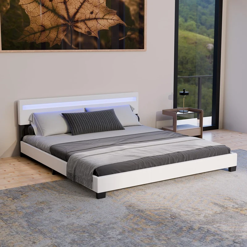 Juskys Polsterbett Paris mit LED-Beleuchtung, Holzgestell & Lattenrost, Modernes Schlafzimmerbetth