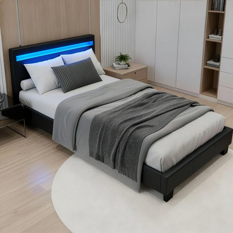 Juskys Polsterbett Paris mit LED-Beleuchtung, Holzgestell & Lattenrost, Modernes Schlafzimmerbetth