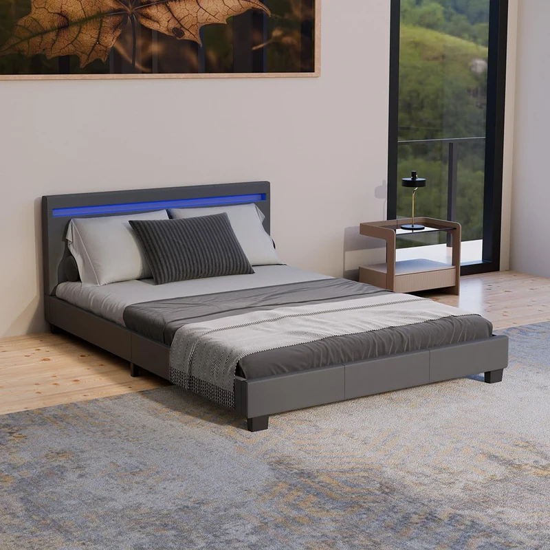 Juskys Polsterbett Paris mit LED-Beleuchtung, Holzgestell & Lattenrost, Modernes Schlafzimmerbetth