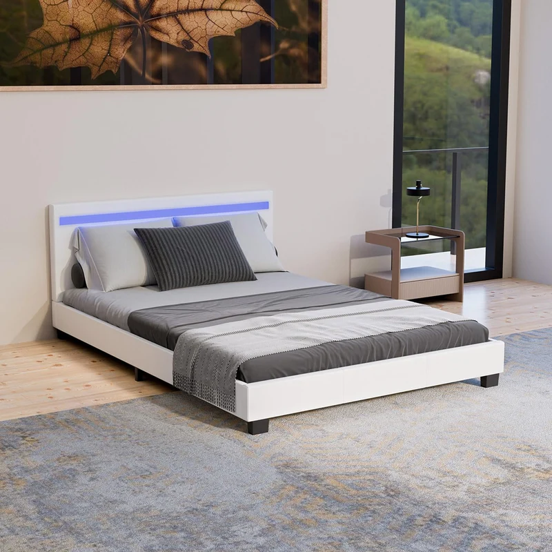 Juskys Polsterbett Paris mit LED-Beleuchtung, Holzgestell & Lattenrost, Modernes Schlafzimmerbetth