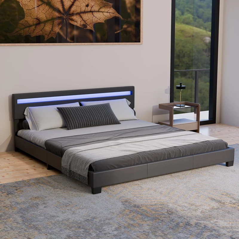 Juskys Polsterbett Paris mit LED-Beleuchtung, Holzgestell & Lattenrost, Modernes Schlafzimmerbetth