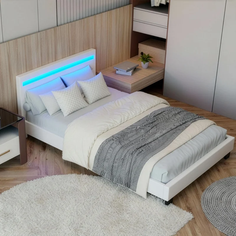 Juskys Polsterbett Paris mit LED-Beleuchtung, Holzgestell & Lattenrost, Modernes Schlafzimmerbetth