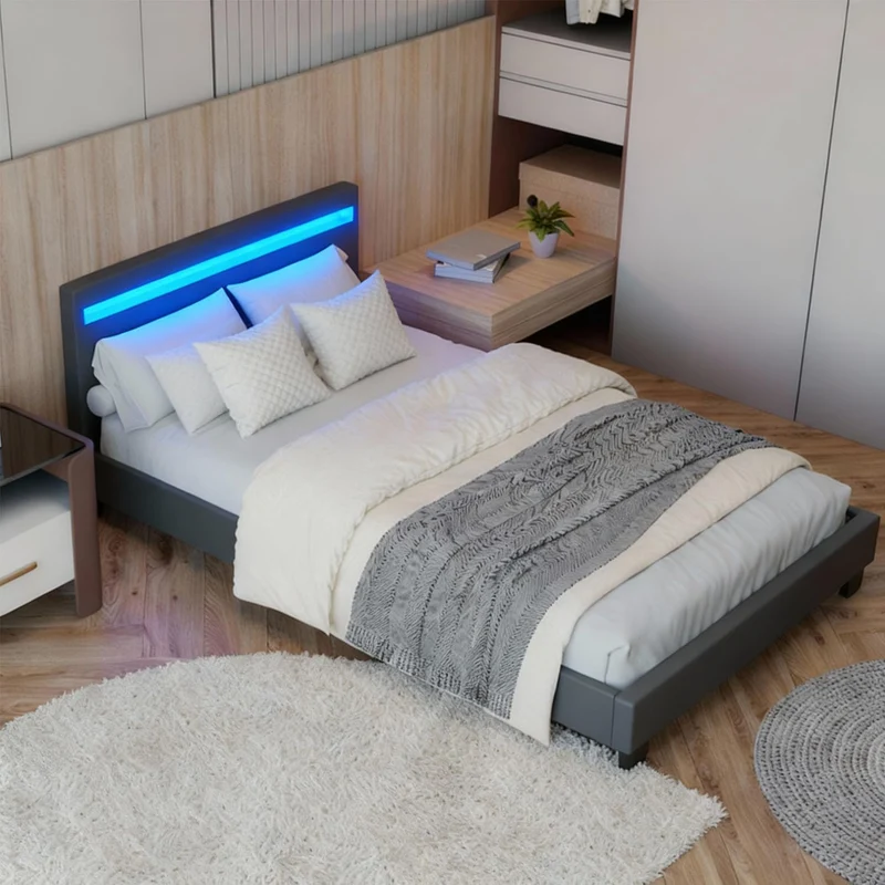 Juskys Polsterbett Paris mit LED-Beleuchtung, Holzgestell & Lattenrost, Modernes Schlafzimmerbetth