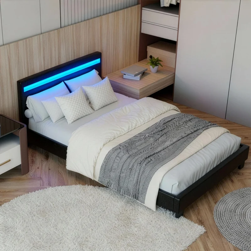 Juskys Polsterbett Paris mit LED-Beleuchtung, Holzgestell & Lattenrost, Modernes Schlafzimmerbetth