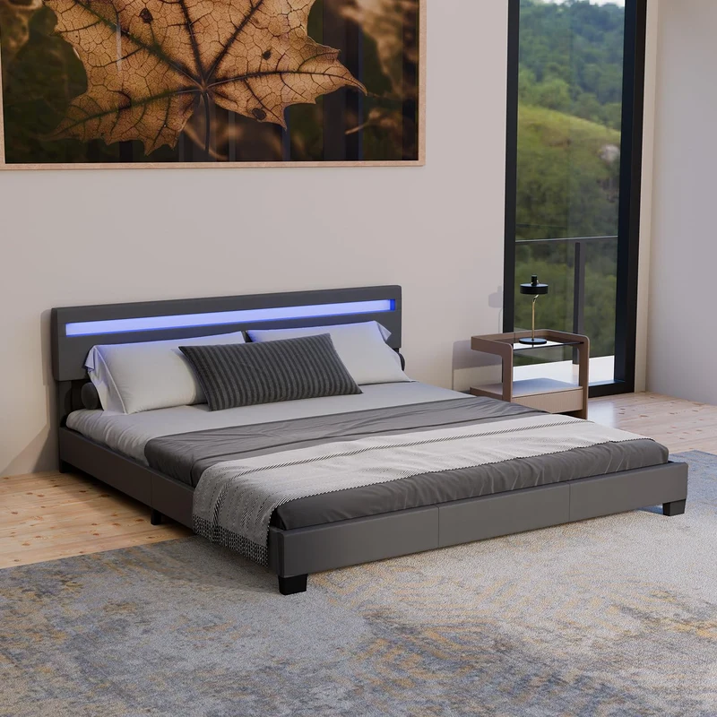Juskys Polsterbett Paris mit LED-Beleuchtung, Holzgestell & Lattenrost, Modernes Schlafzimmerbetth