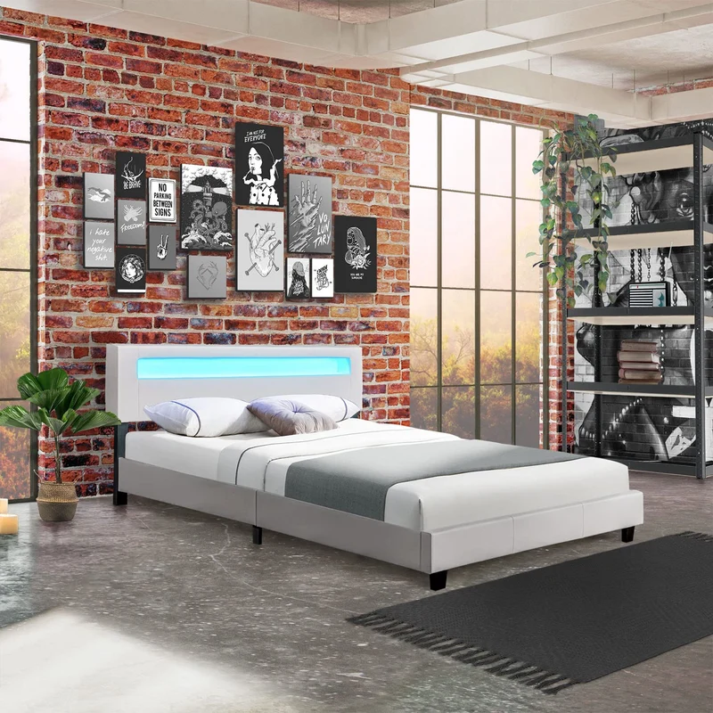 Juskys Polsterbett Paris mit LED-Beleuchtung, Holzgestell & Lattenrost, Modernes Schlafzimmerbetth