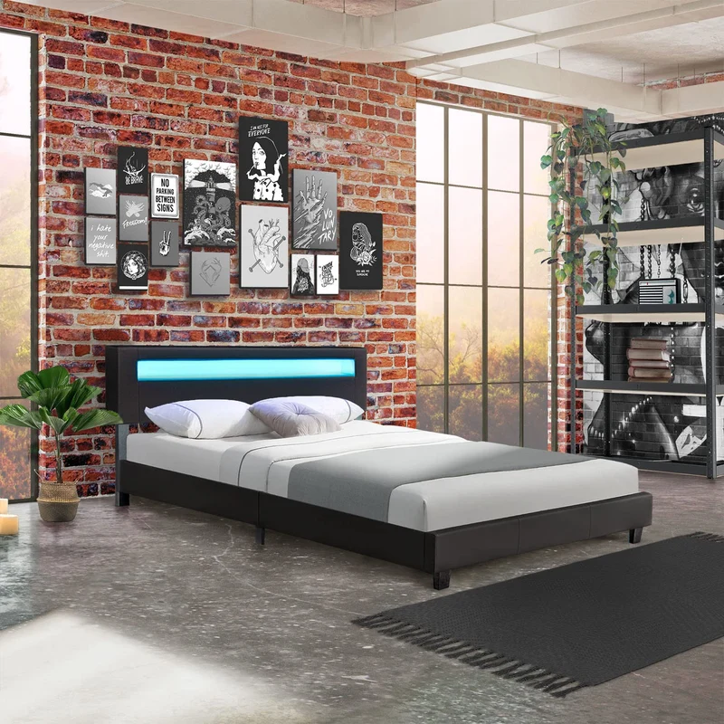 Juskys Polsterbett Paris mit LED-Beleuchtung, Holzgestell & Lattenrost, Modernes Schlafzimmerbetth