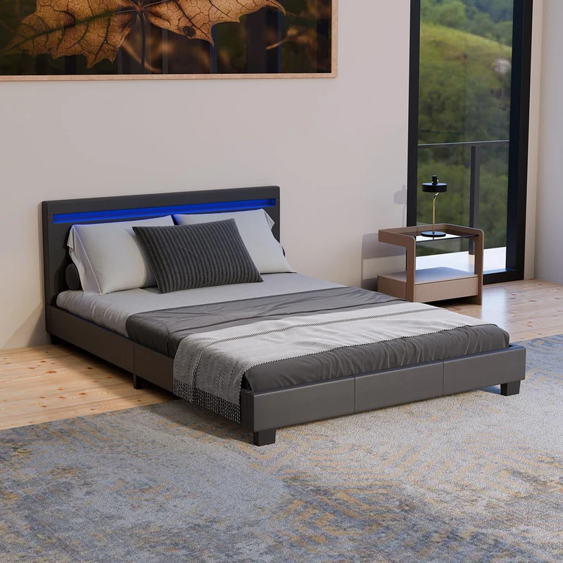Juskys Polsterbett Paris mit LED-Beleuchtung, Holzgestell & Lattenrost, Modernes Schlafzimmerbetth