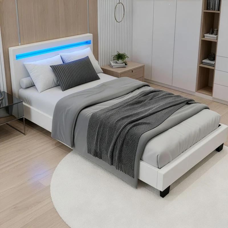 Juskys Polsterbett Paris mit LED-Beleuchtung, Holzgestell & Lattenrost, Modernes Schlafzimmerbetth