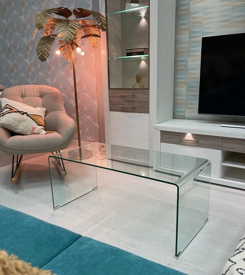Grupo SDM Cheval Couchtisch Glas – Gebogenes Sicherheitsglas 10 mm, Transparent, Modern (100 x 48 cm)h